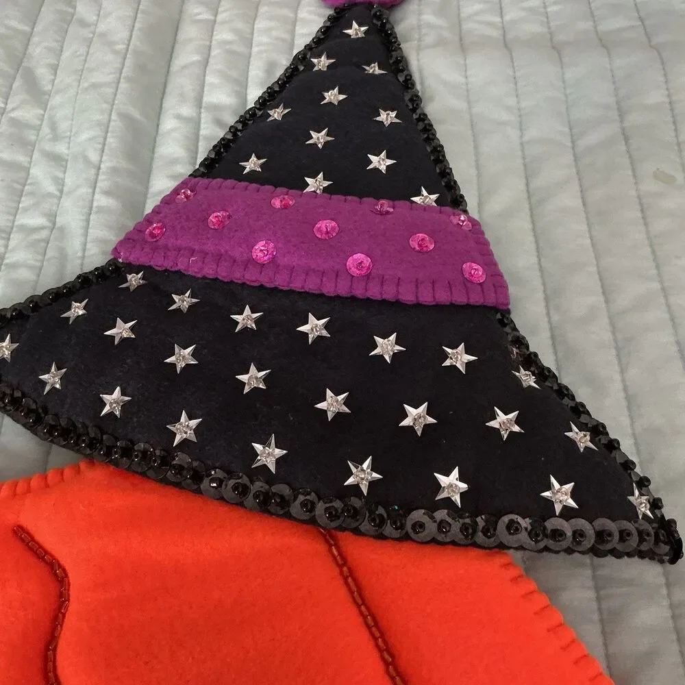 Handmade Halloween Witch Wall Hanging Felt Sequin Decor Orange Hair 34”
